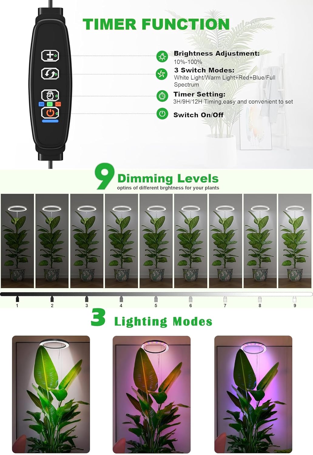 10" Grow Lights for Large Indoor Plants, Full Spectrum Indoor Plant Light for Indoor Growing with Timer,Height Adjustable Auto On/Off 3/9/12H, 9 Brightness,Led Tall Halo Grow Light for House Plants