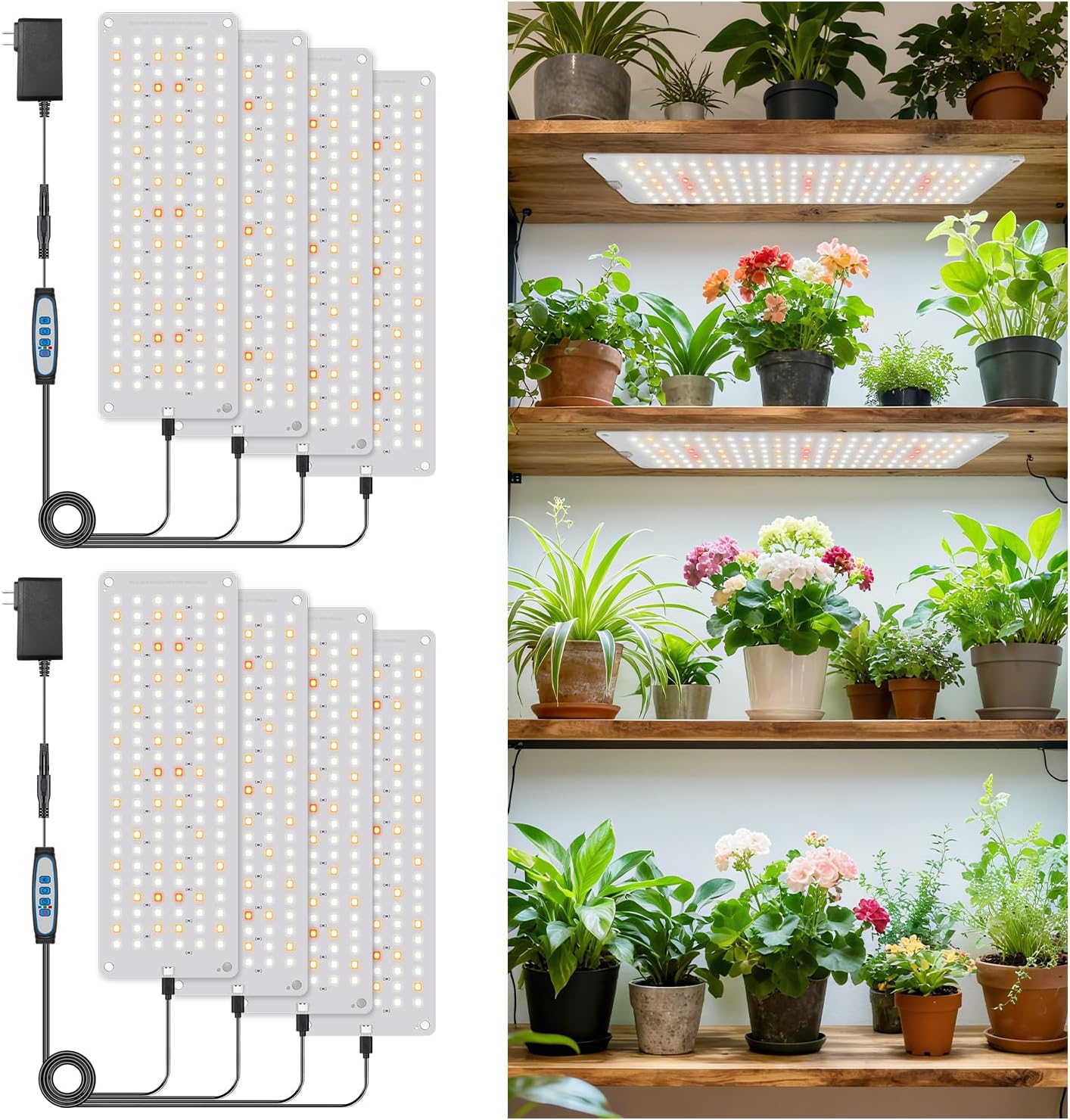 Aumtrly Grow Light, 1104 LED Full Spectrum Plant Lights for Indoor Growing Plants, Grow Lamp for Seed Starting (4 Panel/2 Pack) with UL Adapter, 6/12/16H Timer, 3 Light Modes, 5 Dimmable