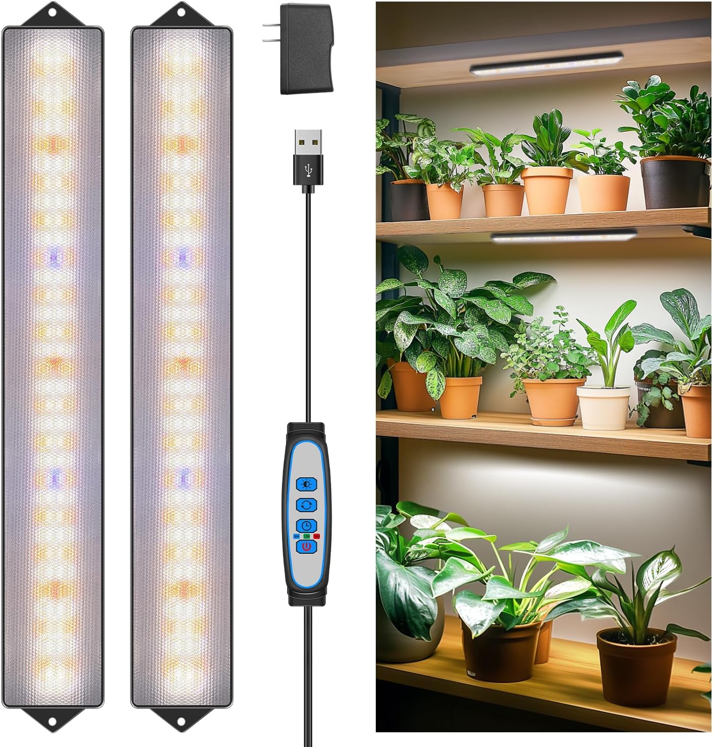Wolezek Grow Lights for Indoor Plants, 210 LEDs Full Spectrum Plant Grow Light Strips with 6/12/16H Auto Timer, 13.8 Inches Bright Grow Lamp Bar for Plant Shelves and Cabinet, 2 Pack