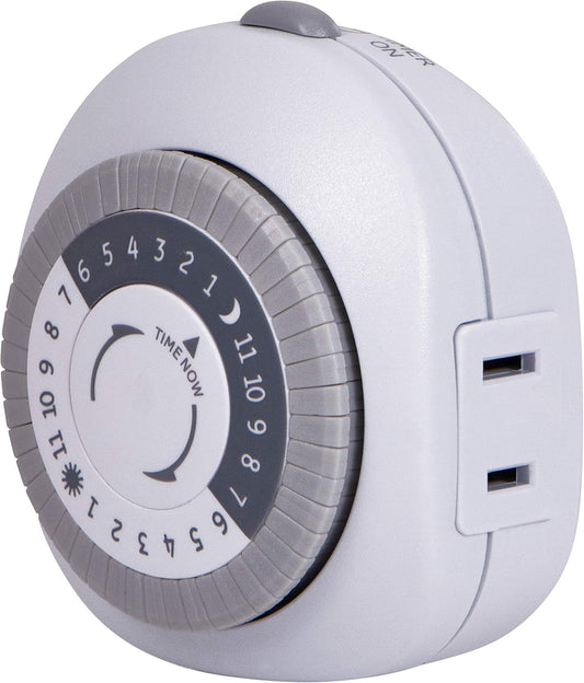 GE 24-Hour Basic Indoor Mechanical Timer, 1 Polarized Outlet Timer, Programmable Daily Cycle, 30-Minute Interval Timer Outlet, Two-Prong Light Timer, Plug Timer, Lamp Timer, White, 1 Pack, 15152