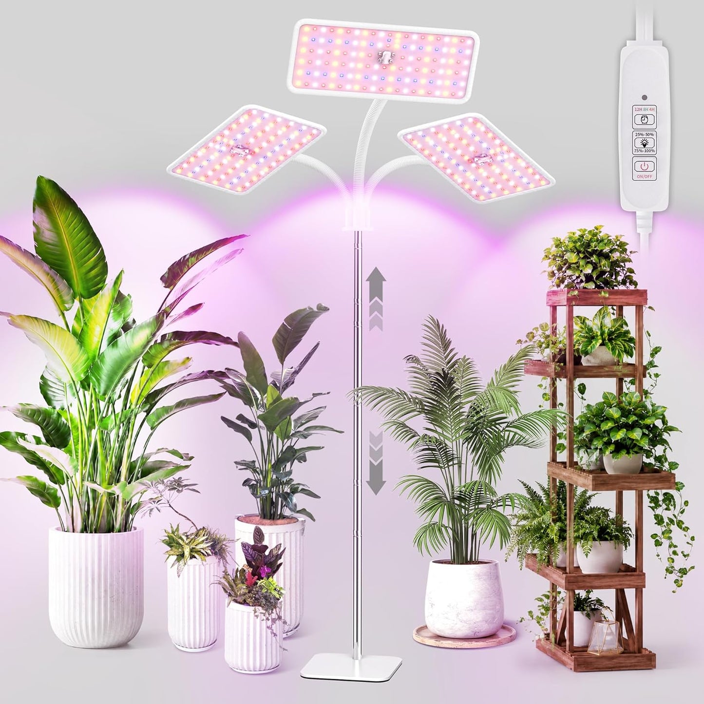 KINGPLUS Grow Lights with Stand, Three Heads, Full Spectrum LED Grow Light for Indoor Plants, 360 Leds, 4 Dimmable Levels, Timer 4/8/12h, 12-60inches Height Adjustable, 48w, Ideal for Desk Small Plant