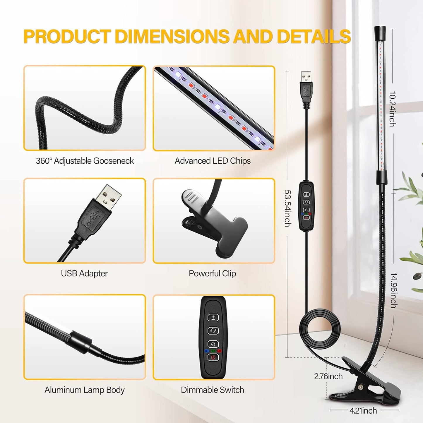 iPower LED Grow Light with Full Spectrum for Indoor Plants, Adjustable Gooseneck, 2/3 Light Modes&5/10 Dimmable Levels, 3 Auto Timing Modes, 1 Tubes, Yellow