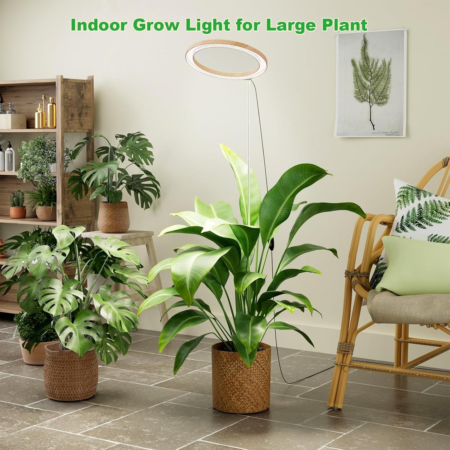 12" Grow Lights for Large Indoor Plants, Full Spectrum Tall Plant Grow Lights Indoor,Height Adjustable 15"-65",Timer Auto On/Off 3/9/12H,9 Brightness,Led Halo Grow Light for House Plants, Wood Grain