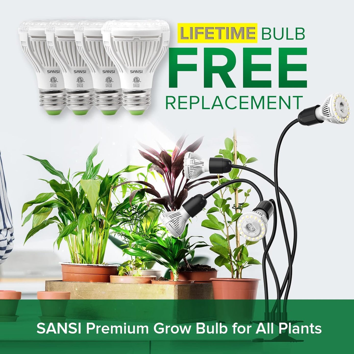 SANSI LED Grow Lights for Indoor Plants, 600W Full Spectrum Gooseneck Clamp Grow Lamp, 40W Power Plant Light with High PPFD for Seeding, Lifetime Free Bulb Replacement Plant Lights for Indoor, 4 Head