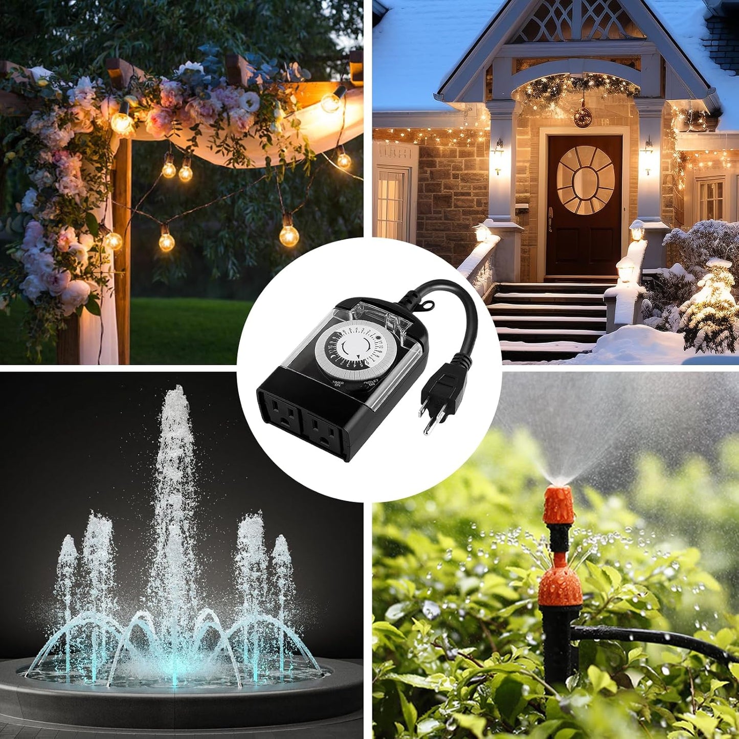 Outdoor Timer Outlet Waterproof, 24 Hour Mechanical Timer Outlet for Home and Garden, 2 Grounded, 15A 3/4HP, Black, 2 Pack