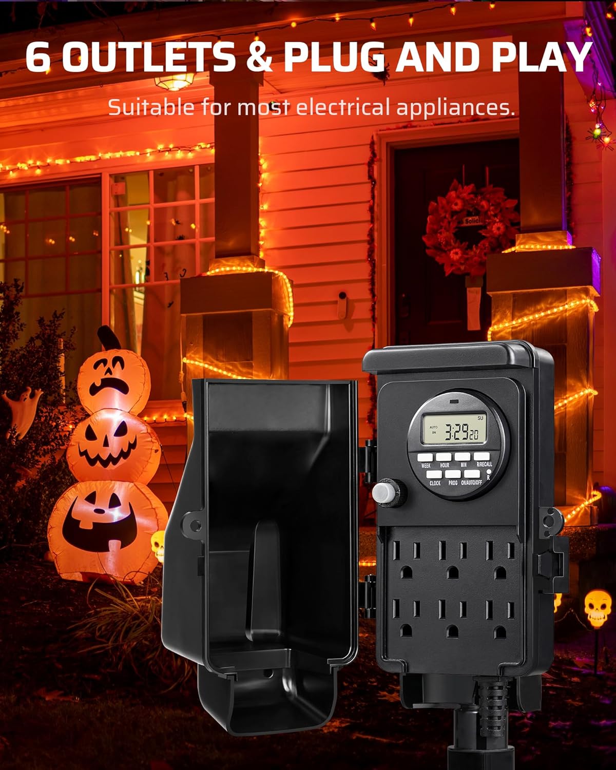DEWENWILS Outdoor Digital Power Strip Timer, Multi Sockets, Waterproof 6 Outlets Garden Power Stake, 6ft Cord, Digital Timer for Lights, Yard, Garden, 15A Heavy Duty
