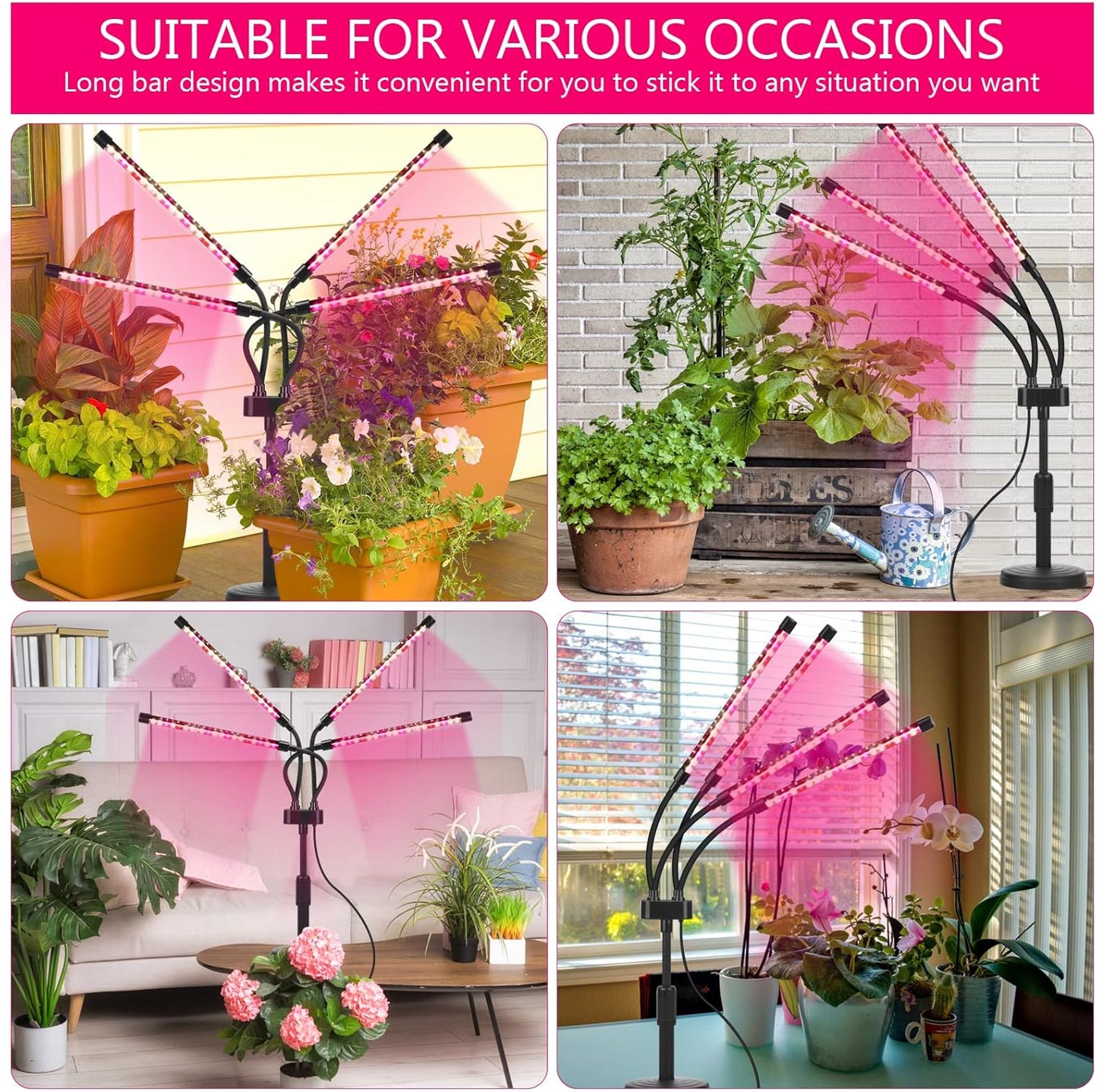 SYEIORAOM Grow Lights for Indoor Plants, Four Head LED Grow Light with Full Spectrum, Red White Spectrum for Indoor Plant Lamp, Adjustable Gooseneck, Suitable for Vegetation
