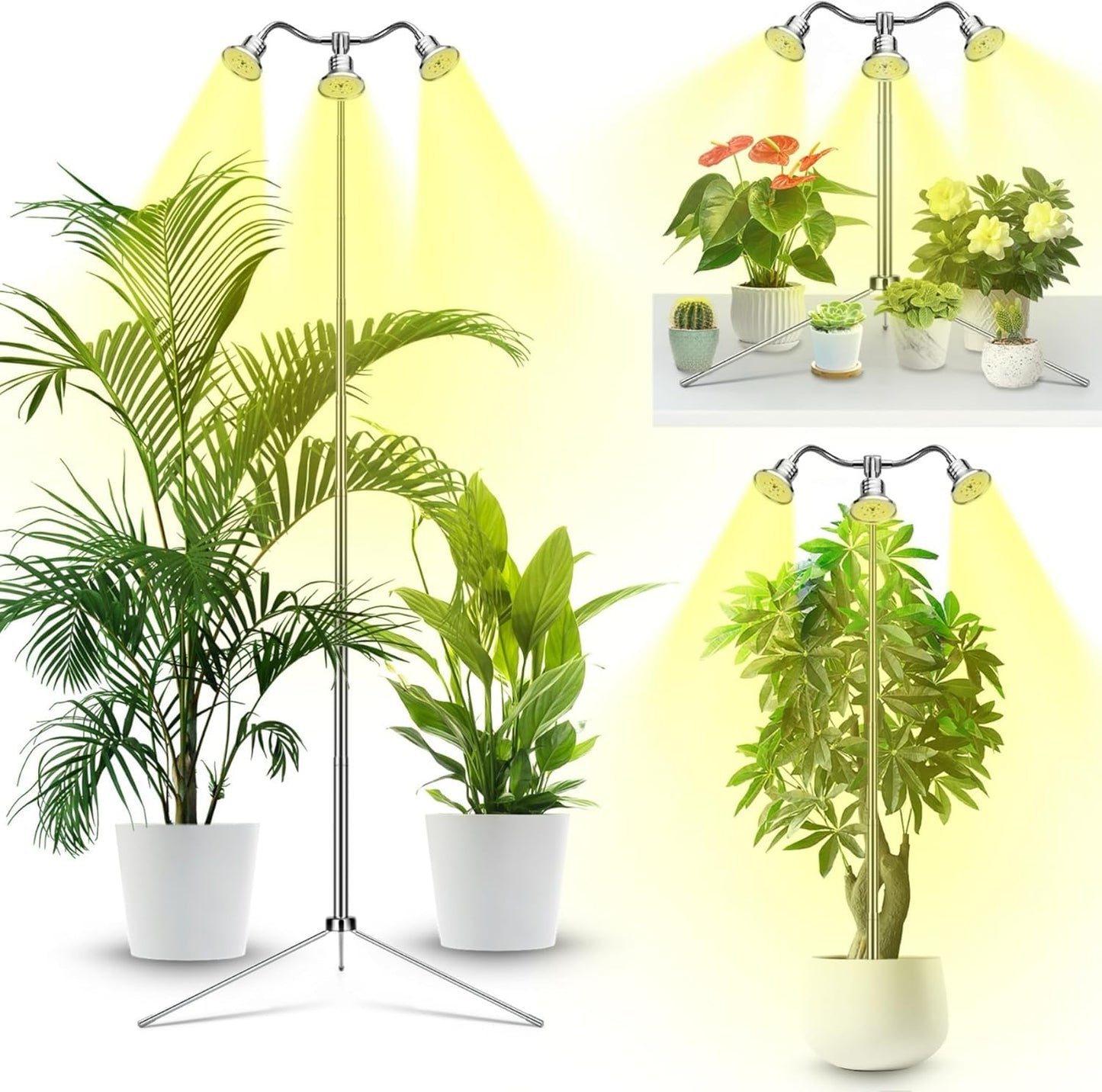 Full Spectrum Grow Lights for Indoor Plants 15-62 Inches Height Adjustable Aluminum Alloy Plant Growing Lamps with Detachable Tripod Stand, Auto On/Off Timer (Full Spectrum, Three Heads)
