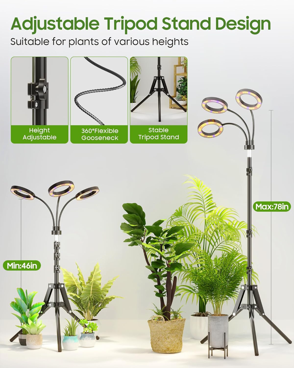 Grow Lights for Indoor Plants, Full Spectrum LED Plant Light with Tripod Stand, Plant Growing Lamps with Timer 3/9/12H, 3 Color Modes, 6 Brightness, 78'' Adjustable Height for Large Plants
