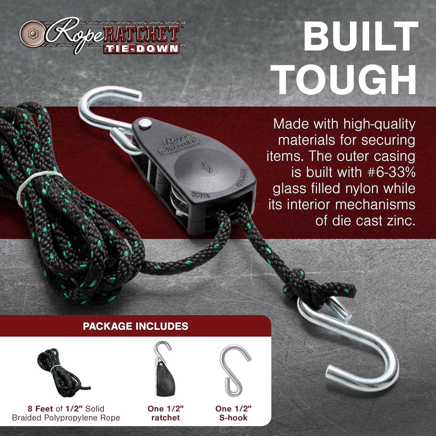 Rope Ratchet 1/2" with Locking Pulley, Adjustable Hanger for Grow Lights, Canopies, Kayaks, Tents, Camping, 8' Braided Polypropylene Rope, 500 lb Capacity, Ideal for Roof Rack, Tarp, Canoe Tie Downs