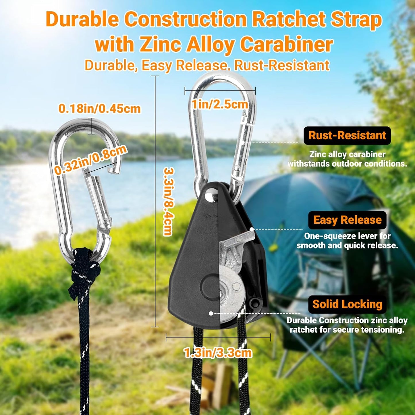 Longer 15ft Paracord Rope Tie Down Ratchet Strap Small Reflective Portable Adjustable Fix Camping Rope Tent Tarp Tie Downs Grow Plant Light Hangers Pulley Tightener Tensioner Adjuster 1/8in 8Pack