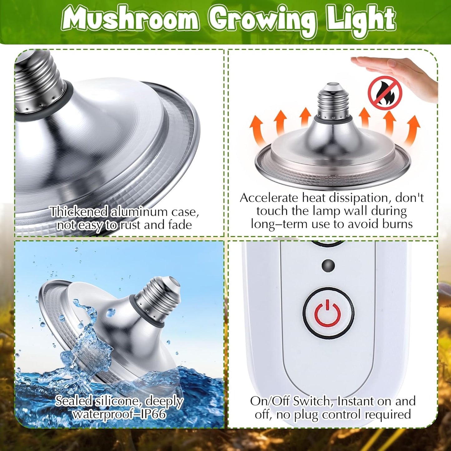 Meonum Mushroom Grow Light with 3/6/9 Hour Timer, 360° LED Hanging Grow Lights Bulb for Mushroom with 6.5ft Extension Cord, 6000K Blue&5000K White Lamp for Indoor Plants Growing Kit Supplies (1 Pack)