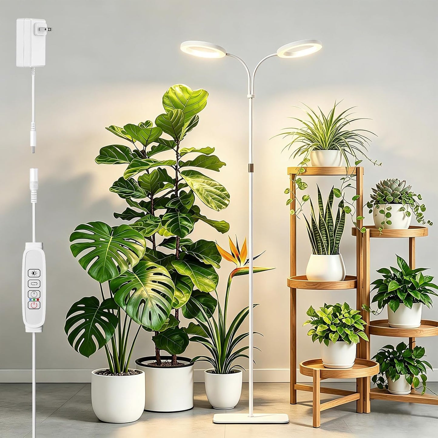SDOVUERC Full Spectrum Grow Light with Stand for Indoor Plants, Floor Plant Light, 6/12/18H Timer, 3 Color Modes, Adjustable Height 16.5–67in, for Large Plants & Home Décor(2 Heads White)