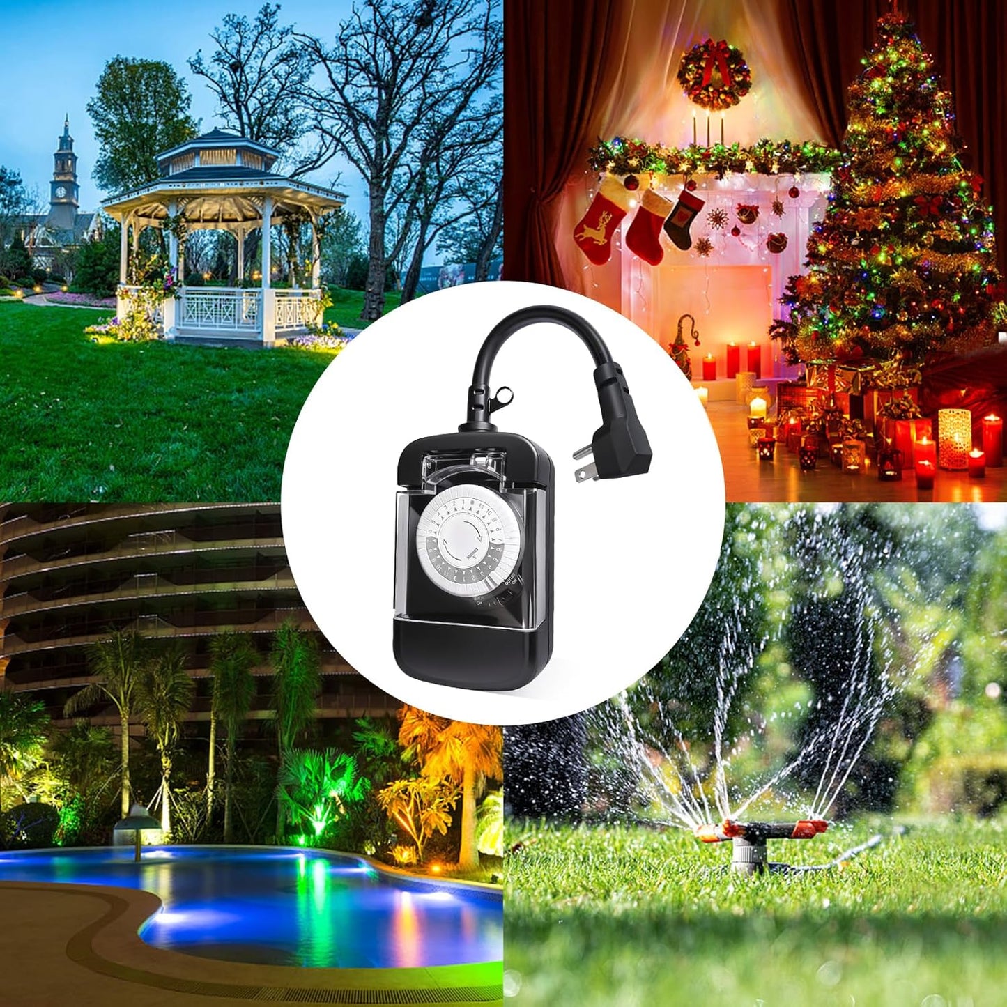 24 Hour Outdoor Mechanical Timer Switch with Two Ground Outlets, Variable On/Off Setting Every 30 Minutes, 48 Pin Setting Dial, Up to 24 Events Per Day,ETL Listed,Black