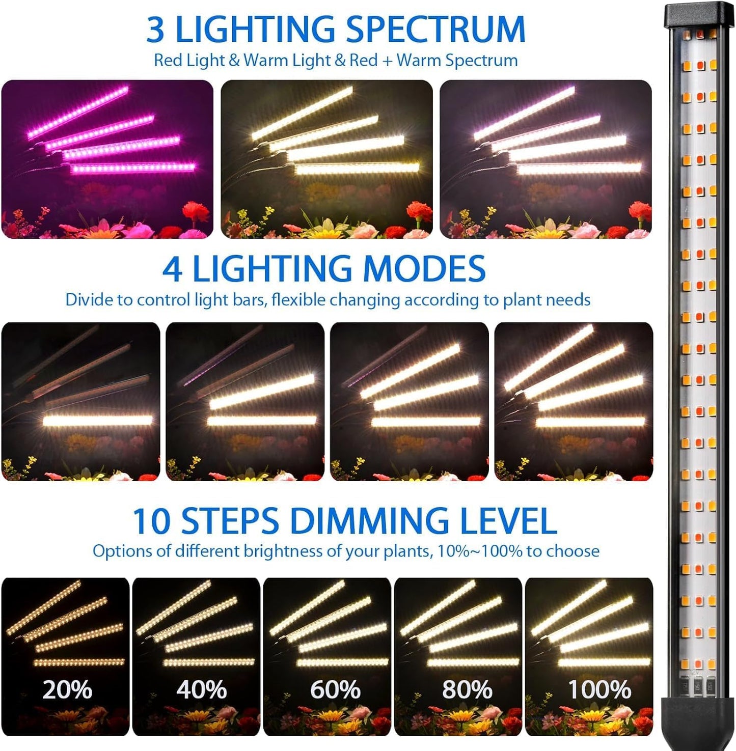 Grow Lights for Indoor Plants, 4 in 1 Full Spectrum Plant Lights for Indoor Growing with Adjustable Brightness On/Off Switch and Timer, Plant Grow Light liftable Height for Plant Growth and Flowe
