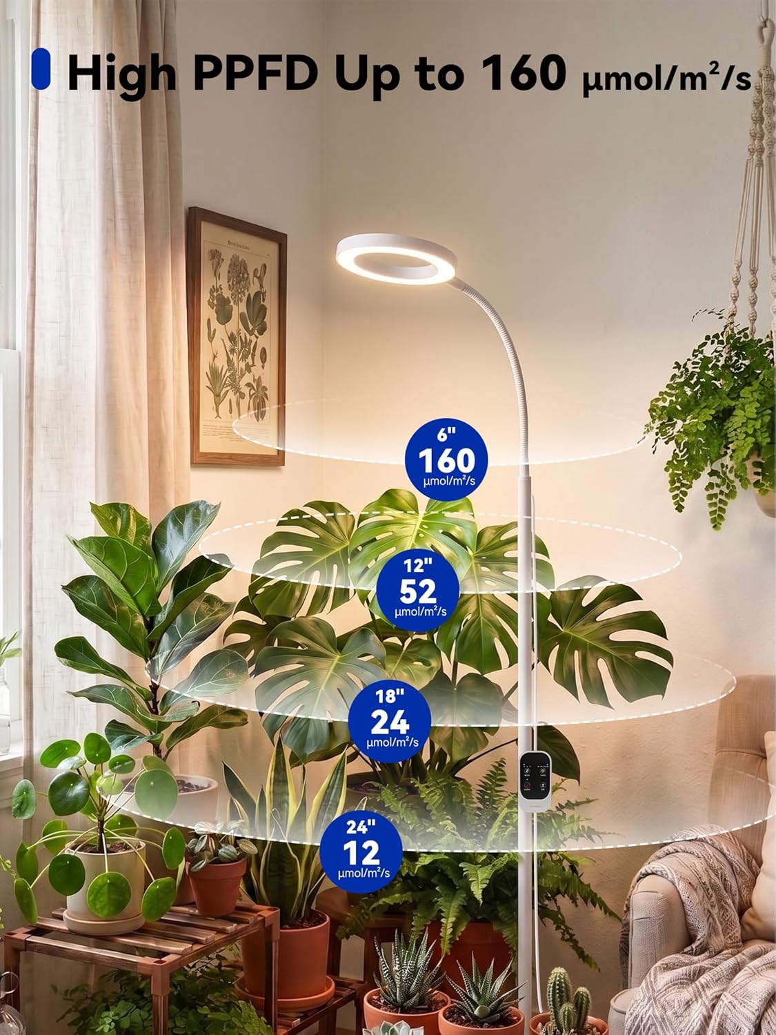 GLOWRIUM Grow Lights for Indoor Plants,20W Full Spectrum LED Plant Light with Stand,Adjustable Height,3/9/12H Timer,6 Dimmable Levels & 3 Lighting Modes (White-Single Head)