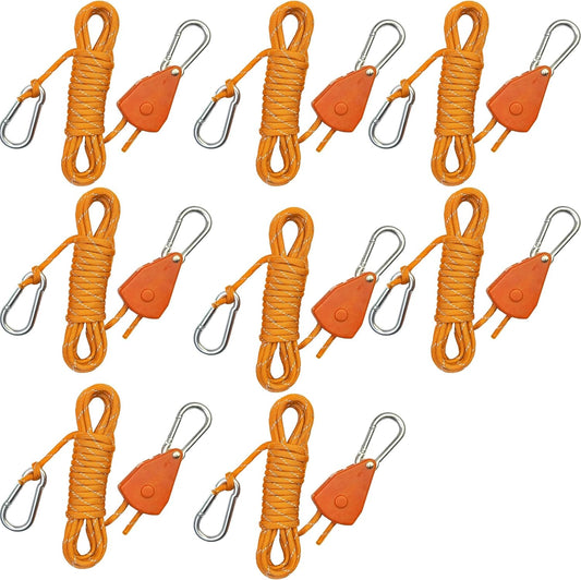 Longer 15ft Paracord Rope Tie Down Ratchet Strap Small Reflective Portable Adjustable Fix Camping Rope Tent Tarp Tie Downs Grow Plant Light Hangers Pulley Tightener Tensioner Adjuster 1/8in 8Pack