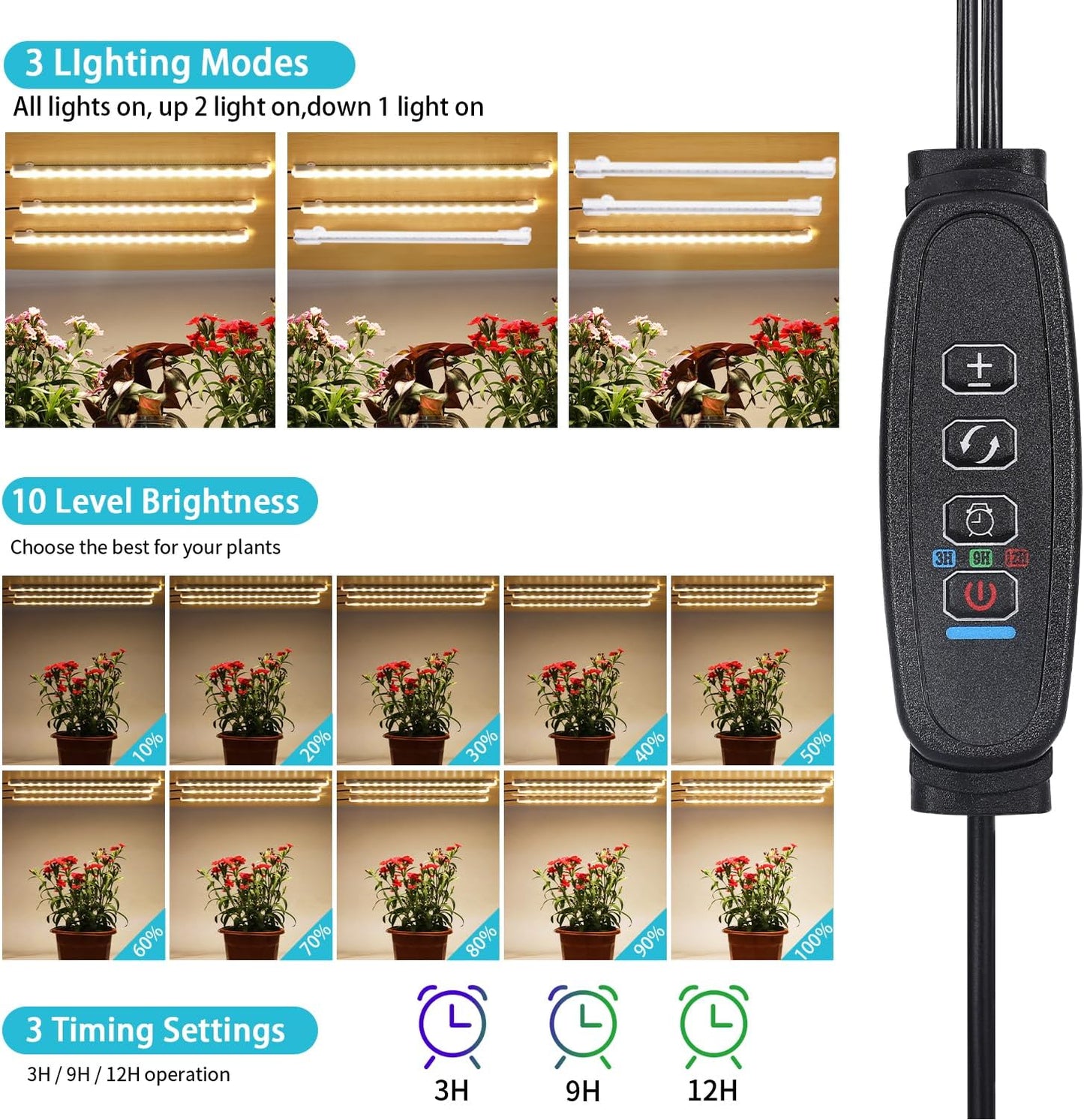 Hywyimlait LED Grow Light Strips, Grow Lamps for Indoor Plants Full Spectrum 3000K, 72 LEDs Plant Light with 3/9/12H Timer, 10 Dimmable Levels for Seedling Succulent, 3 Head 7.8 Inches