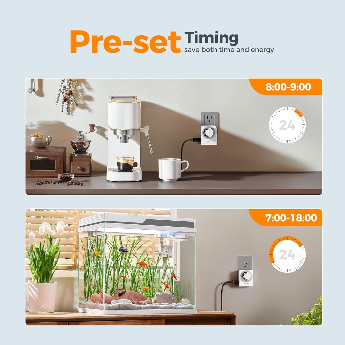 TESSAN Outlet Timer, Mechanical 24-Hour Light Timers for Electrical Outlets Indoor, Dual 3-Prong Sockets 30-Minute Intervals, for Lamps, Christmas Lights, Fans (2 Pack)