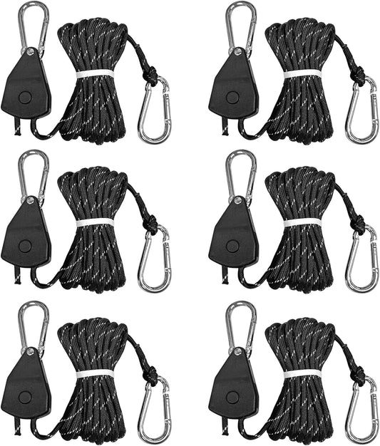 Longer 14ft Retractable Paracord Rope Tie Down Ratchet Strap Small Straps Mini Rope Cam Lock Tent Canopy Tie Down Adjustable Outdoor Windproof Tightener Tensioner Hanger Grow Light 6 Pack 1/8"