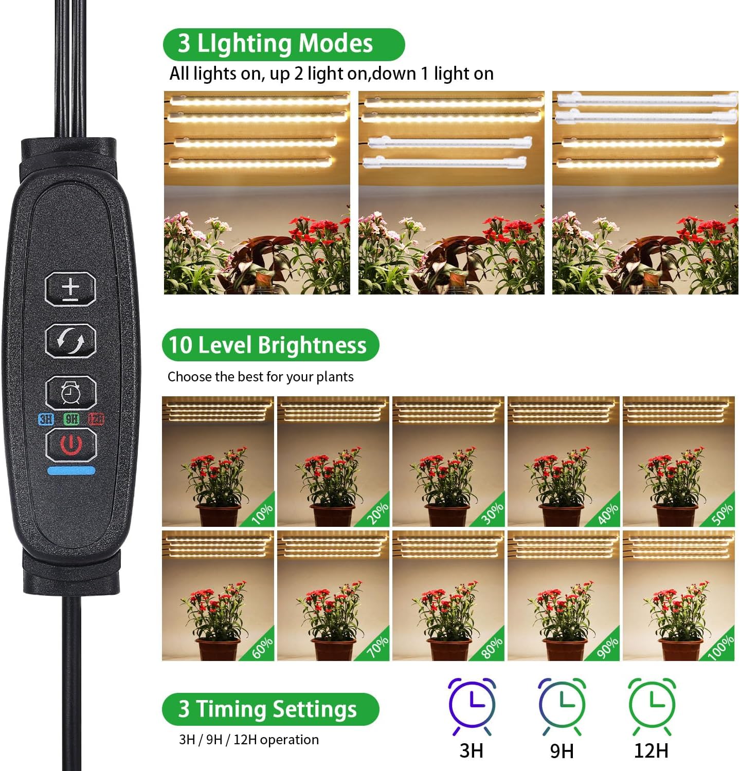 Four Head 8.6 Inches LED Grow Light Strips, Grow Lights for Indoor Plants Full Spectrum 3000K, 104 LEDs Plant Light with 10 Dimmable Levels, 3/9/12H Timer for Seedling Succulent and Plant Shelf