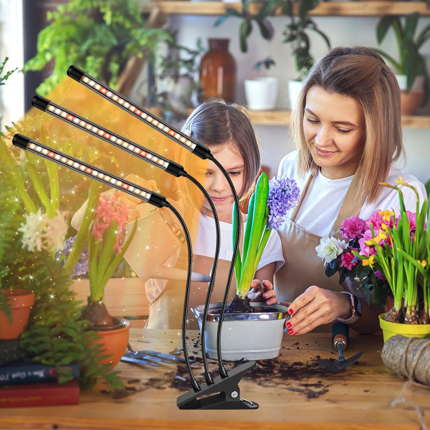 3 Heads Plant Lights for Indoor Growing, 2 Pack Grow Lights for Seed Starting, Full Spectrum Clip Grow Lamps with Auto ON & Off Timer 3/9/12H, 3 Switch Modes, 10 Dimming for Houseplants