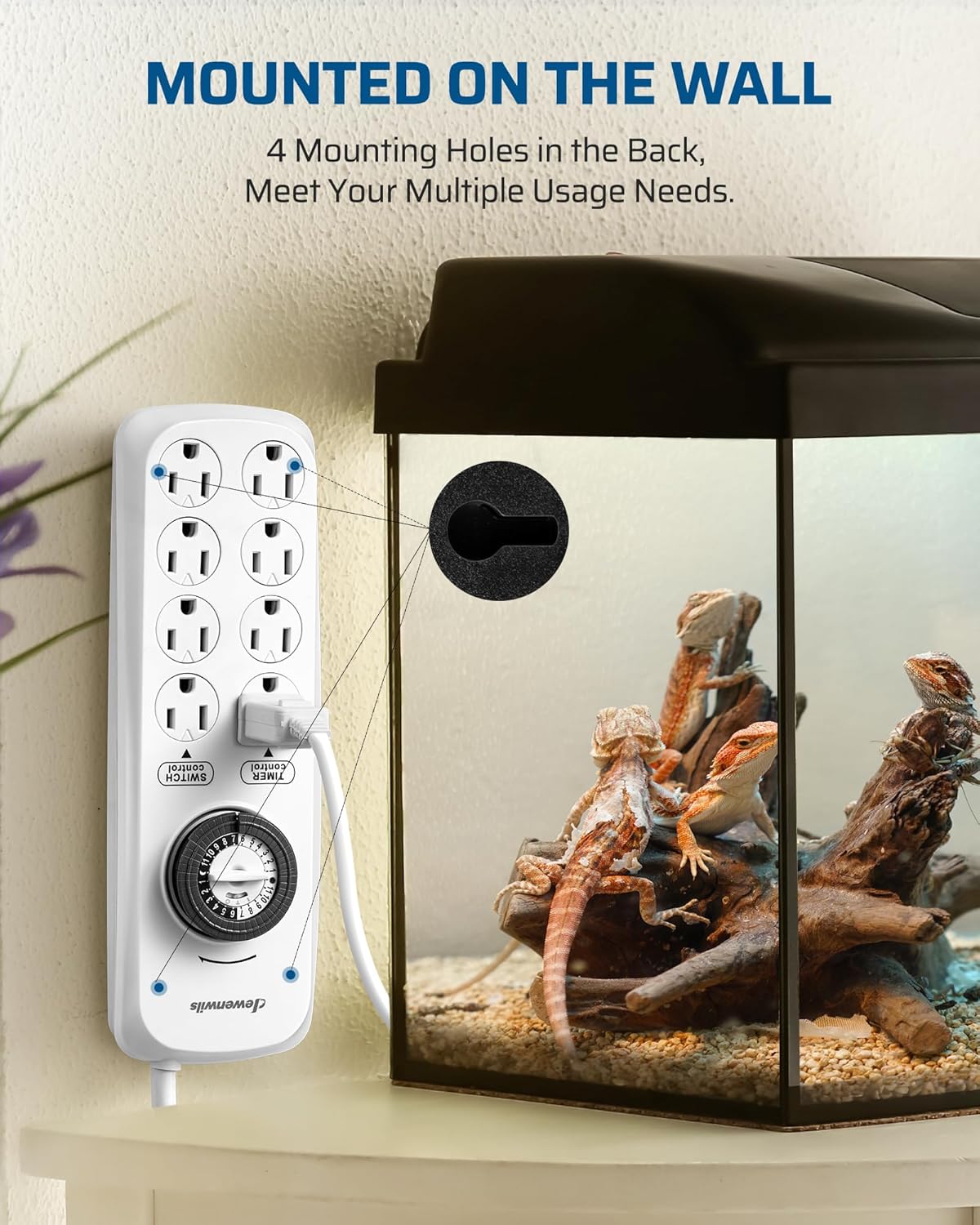 DEWENWILS Mechanical Power Strip with 8 Outlets, Flat Plug, 6ft Long Cord, Overload Protection, Indoor Controller for Bearded Dragon Tanks, Aquarium, Grow Lights, Plants, Reptile Light, UL Listed
