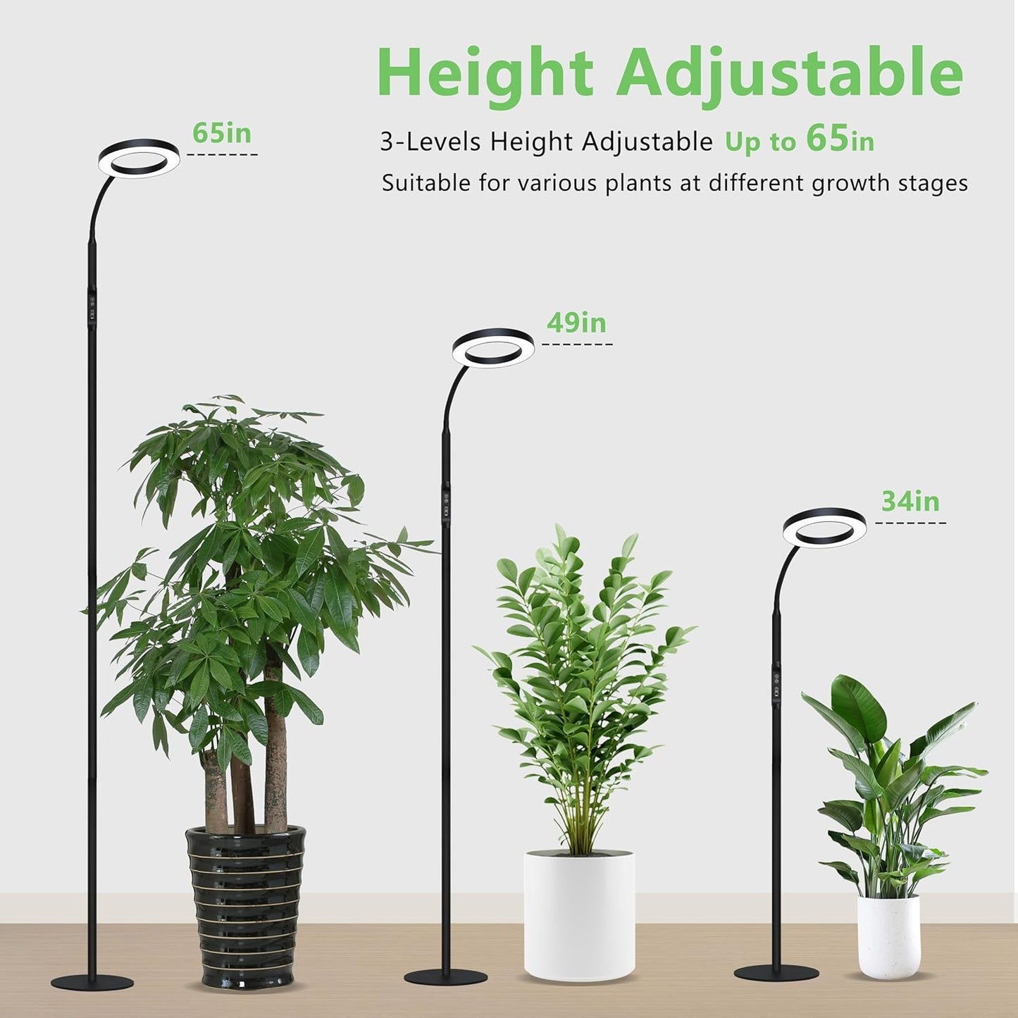 Grow Light for Indoor Plants, Full Spectrum LED Tall Plant Lights with Timer, 3 Color Modes Standing Floor Growing Lamp, 65" Height Adjustable, 10 Dimmable Levels for Large Plants