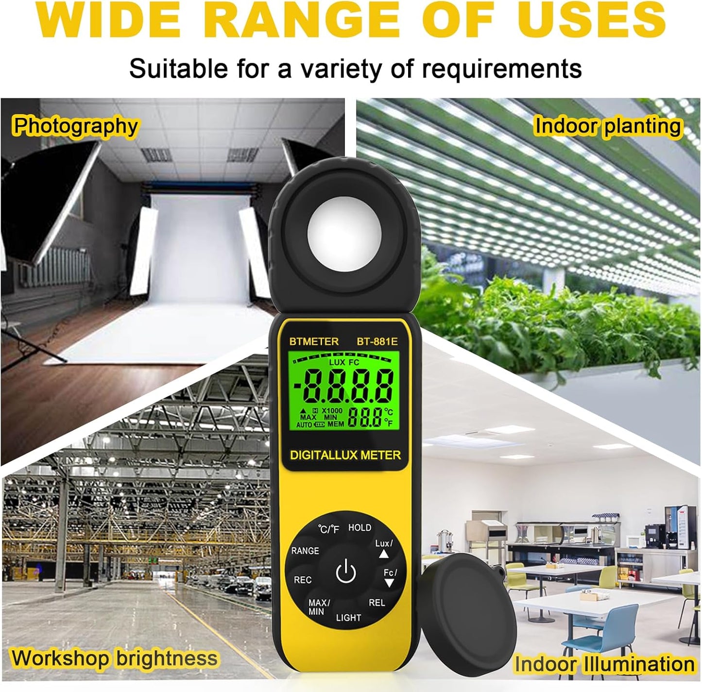 AIOMEST AI-881E Digital Light Meter, Handheld Foot Candle Meter for 0.1~300,000 Lux, Light Meter for LED Plant Grow Light, Indoor Outdoor Lights, Par Meter with 270°Rotatable Detector