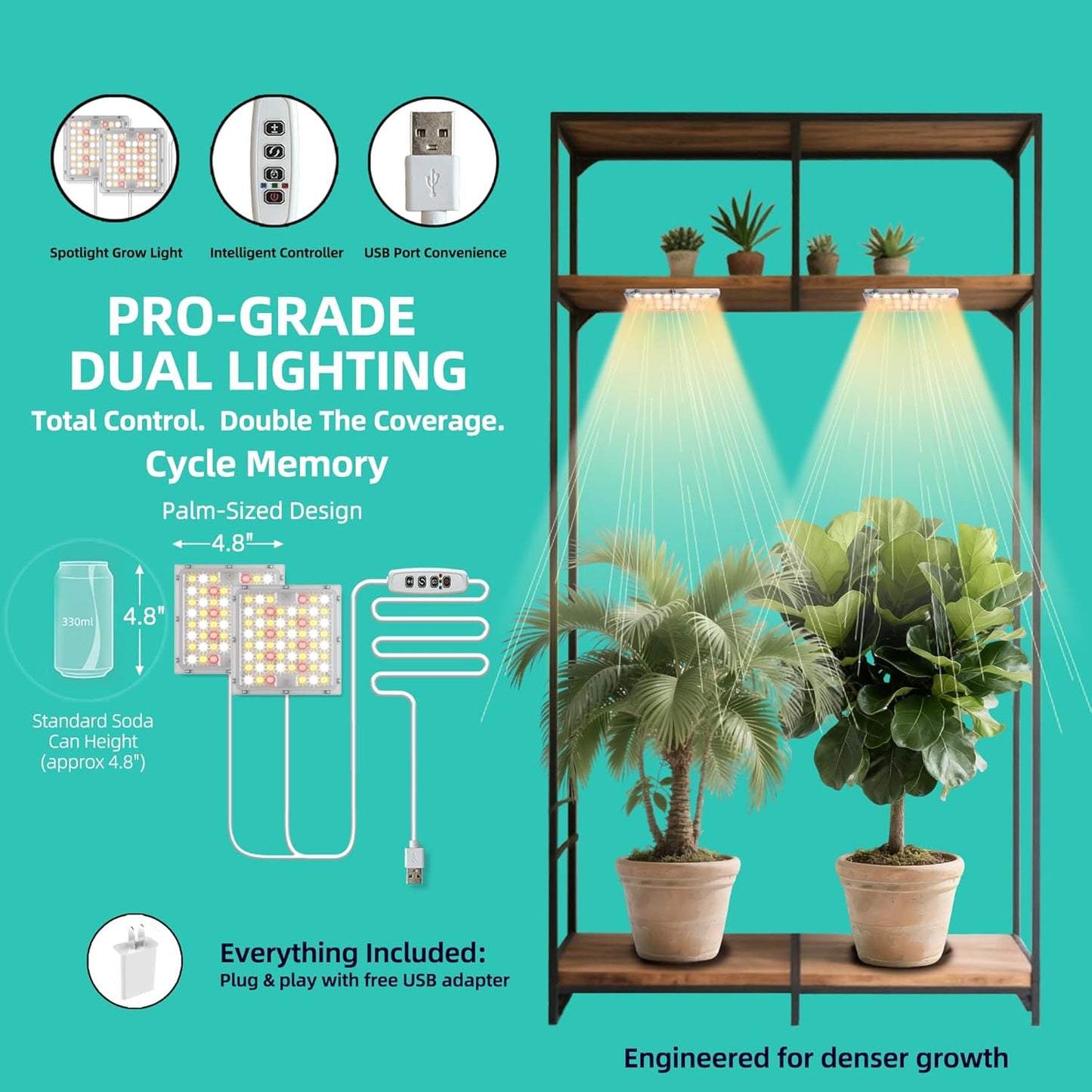 Dual Head Under Shelf Grow Light, USB Powered Stick On LED Under Cabinet Plant Light with Timer, Full Spectrum High PPFD Puck Lights for Shelves, Plant Stands, Indoor Plants, Multi-Plant Coverage