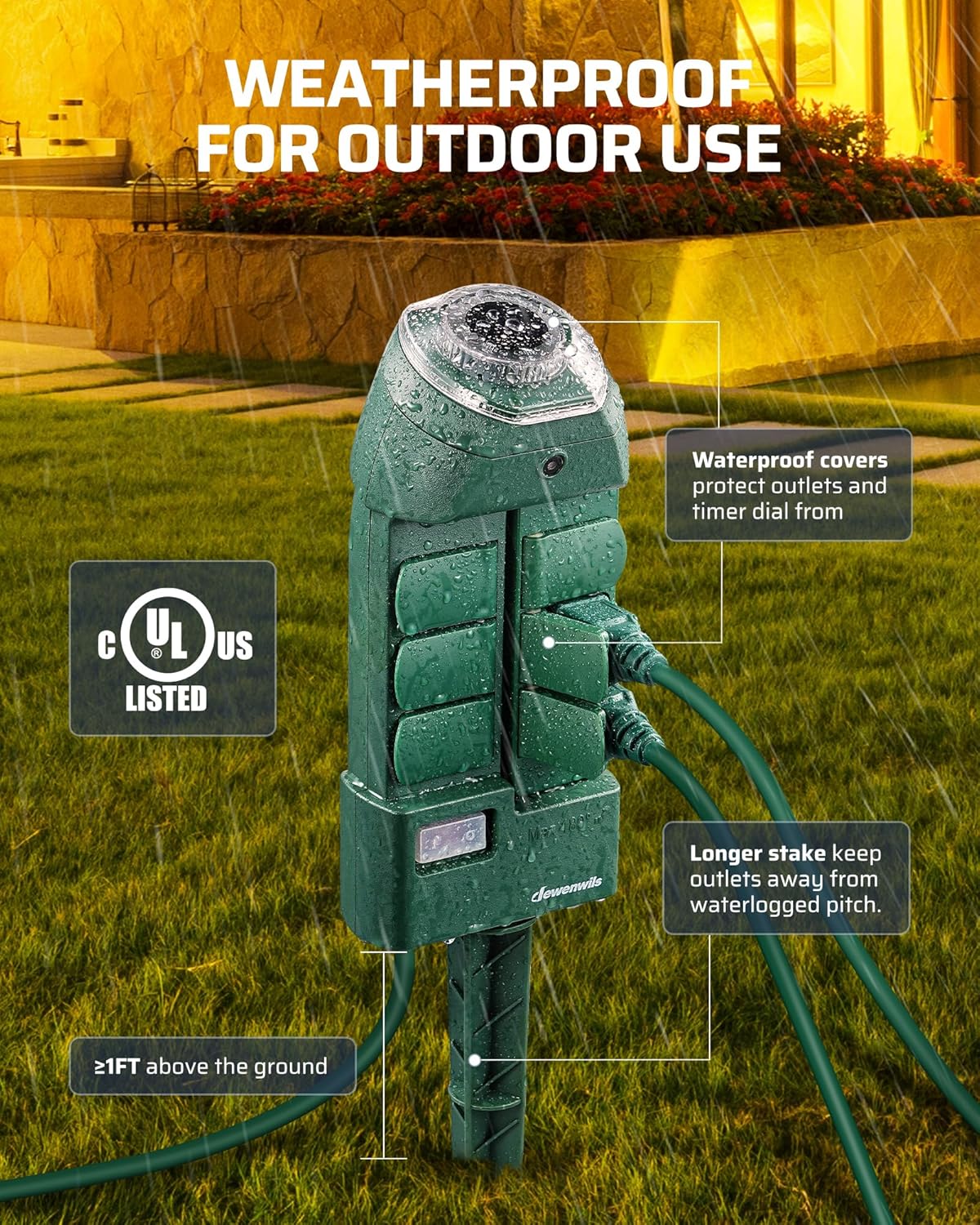 DEWENWILS Outdoor Power Strip Timer with Photocell, Weatherproof Countdown Light Control, 6 Outlets 10ft Cord Dusk to Dawn Timer for Lights, Yard, 1875W/15A UL Listed