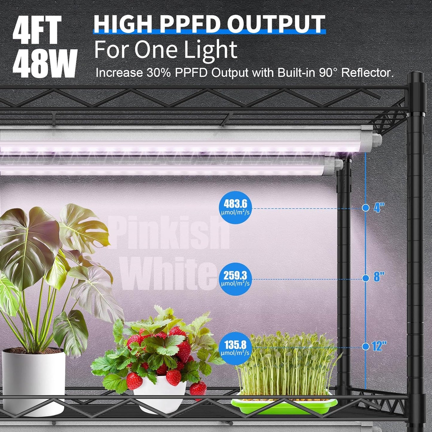 JESLED Waterproof Plant Grow Lights, 4FT Full Spectrum Grow Light for Seedling, Flowering & Fruiting, 96W (2 x 48W, 600W Equiv), Linkable Grow Light Strip, Plug and Play, Pinkish White,2-Pack