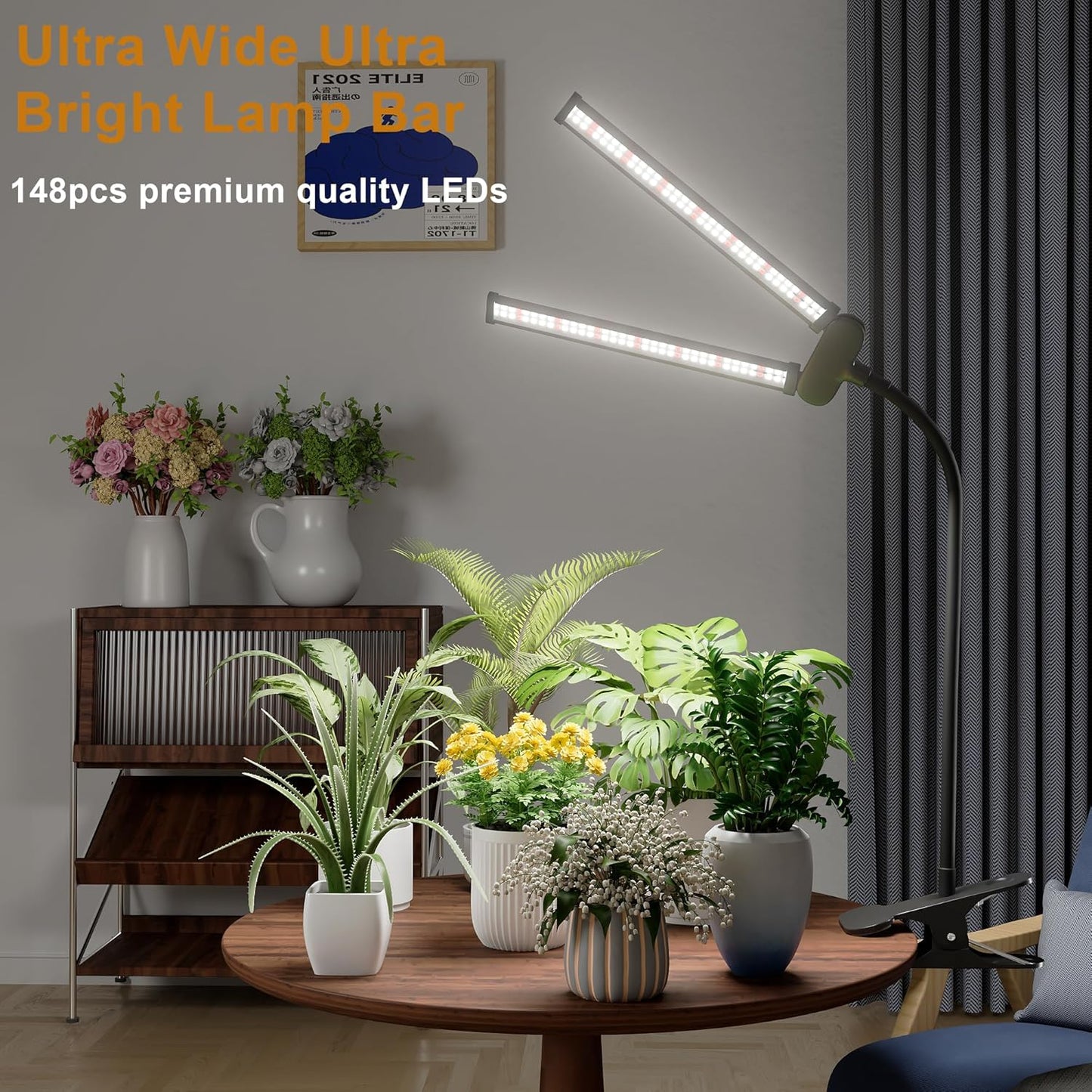 LED Grow Light,Super Bright 6000K White Full Spectrum Clip Plant Growing Lamp with Rotatable Dual Head for Indoor Desk Plants,Dimmable & Timer 4/8/12H,High Power Output for Faster Growth,1-Head