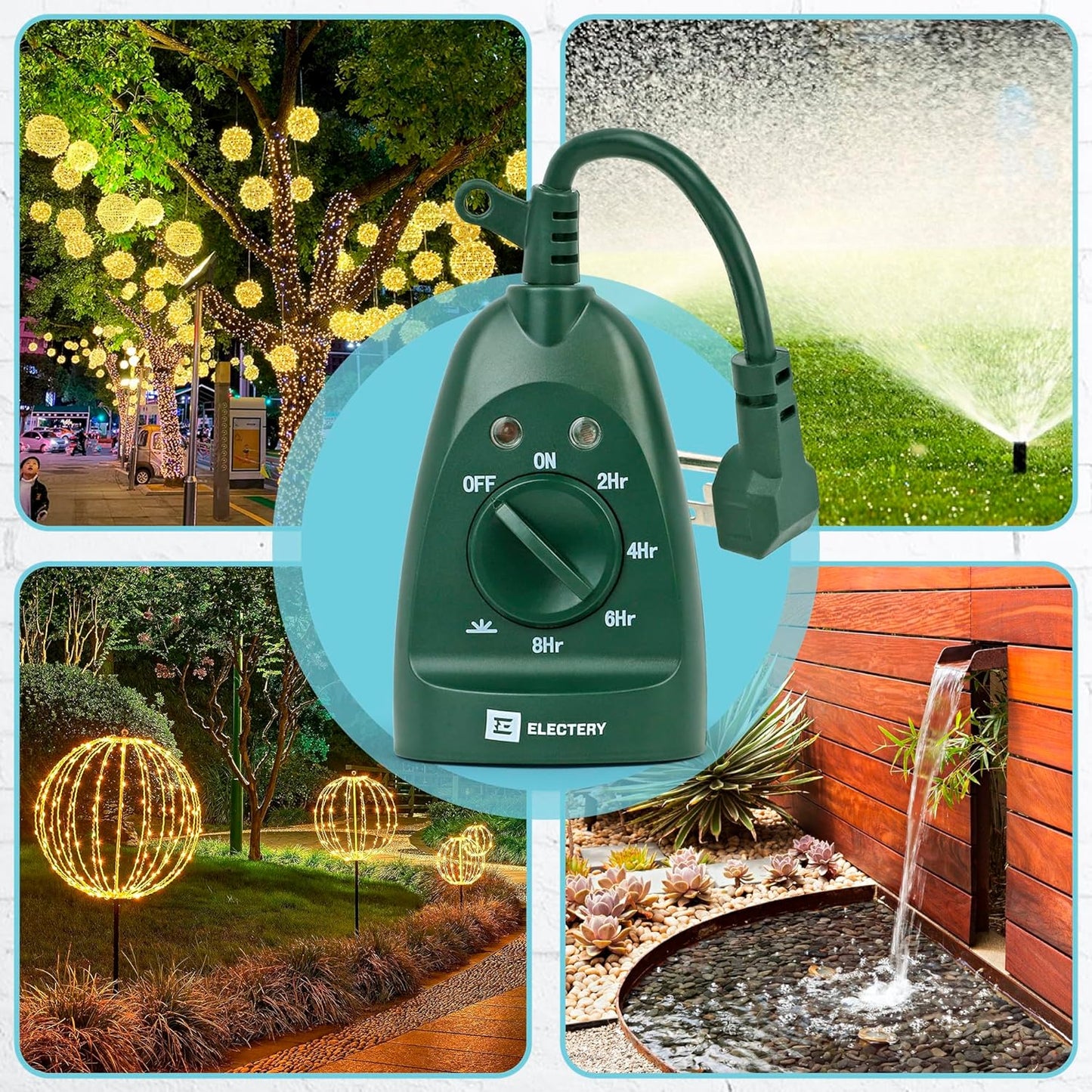 Outdoor Timer Outlet 2-Pack, Green Waterproof Dusk-to-Dawn Plug-in with Light Sensor, 24-Hour Mechanical Countdown, Heavy-Duty 15A UL Listed for Garden, Pool Pump, Holiday Lights