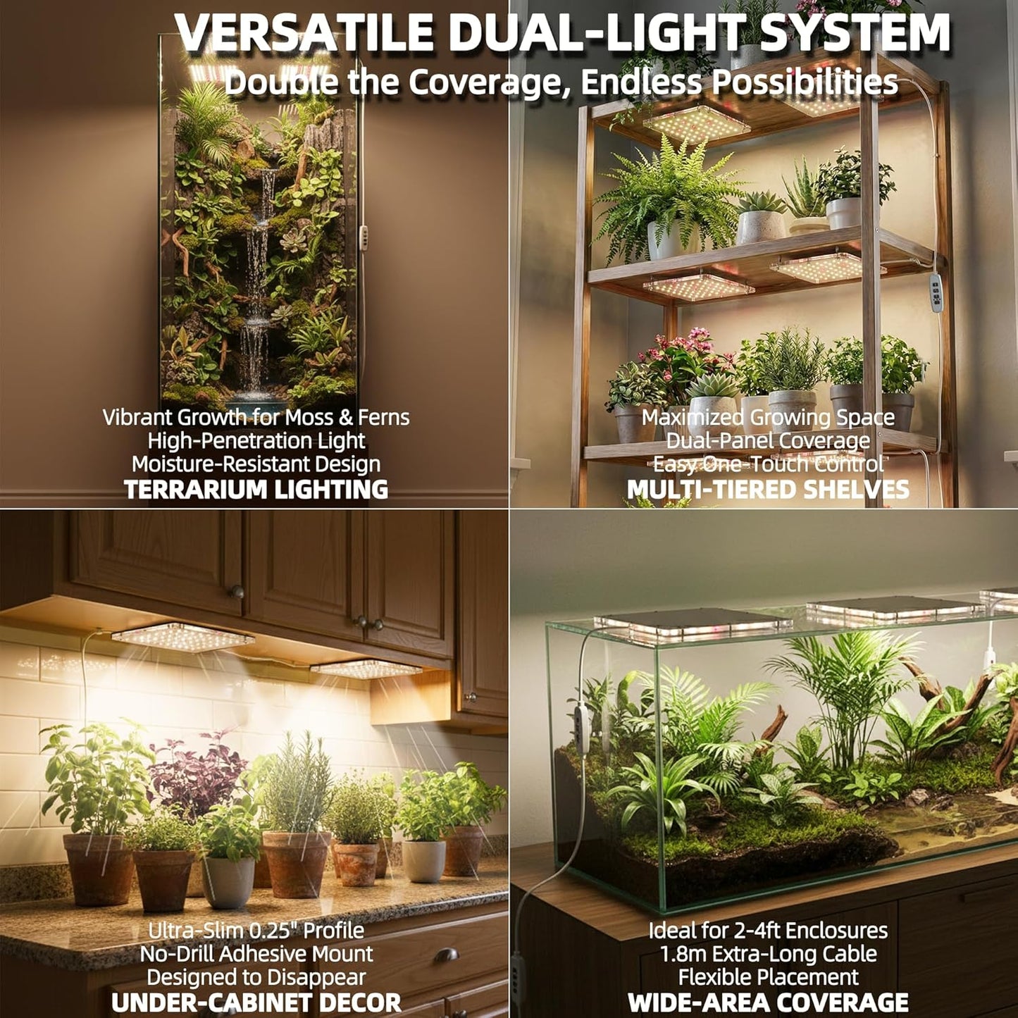 Dual Head Under Shelf Grow Light, USB Powered Stick On LED Under Cabinet Plant Light with Timer, Full Spectrum High PPFD Puck Lights for Shelves, Plant Stands, Indoor Plants, Multi-Plant Coverage