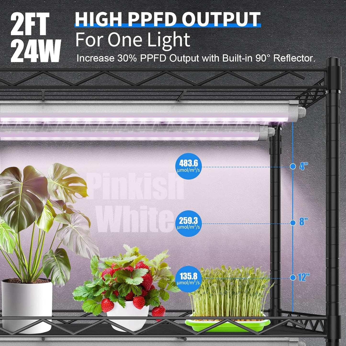 JESLED Waterproof Plant Grow Lights, 2FT Full Spectrum Grow Light for Seedling, Flowering & Fruiting, 48W (2 x 24W, 300W Equiv), Linkable Grow Light Strip, Plug and Play, Pinkish White, 2-Pack