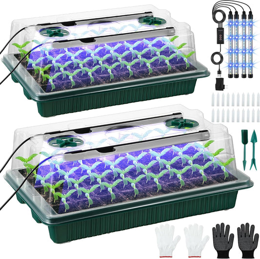 Saillong 2 Pack Seed Starter Tray with Grow Light, 80 Cell Indoor Greenhouse Seed Starting Set with Humidity Dome, 360° Full Spectrum LED, Smart Timer, 5 Brightness Levels for Germination