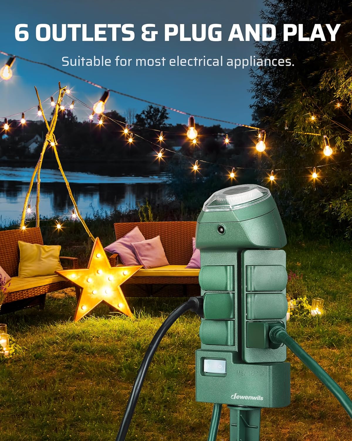 DEWENWILS Outdoor Power Strip Timer with Photocell, Weatherproof Countdown Light Control, 6 Outlets 10ft Cord Dusk to Dawn Timer for Lights, Yard, 1875W/15A UL Listed