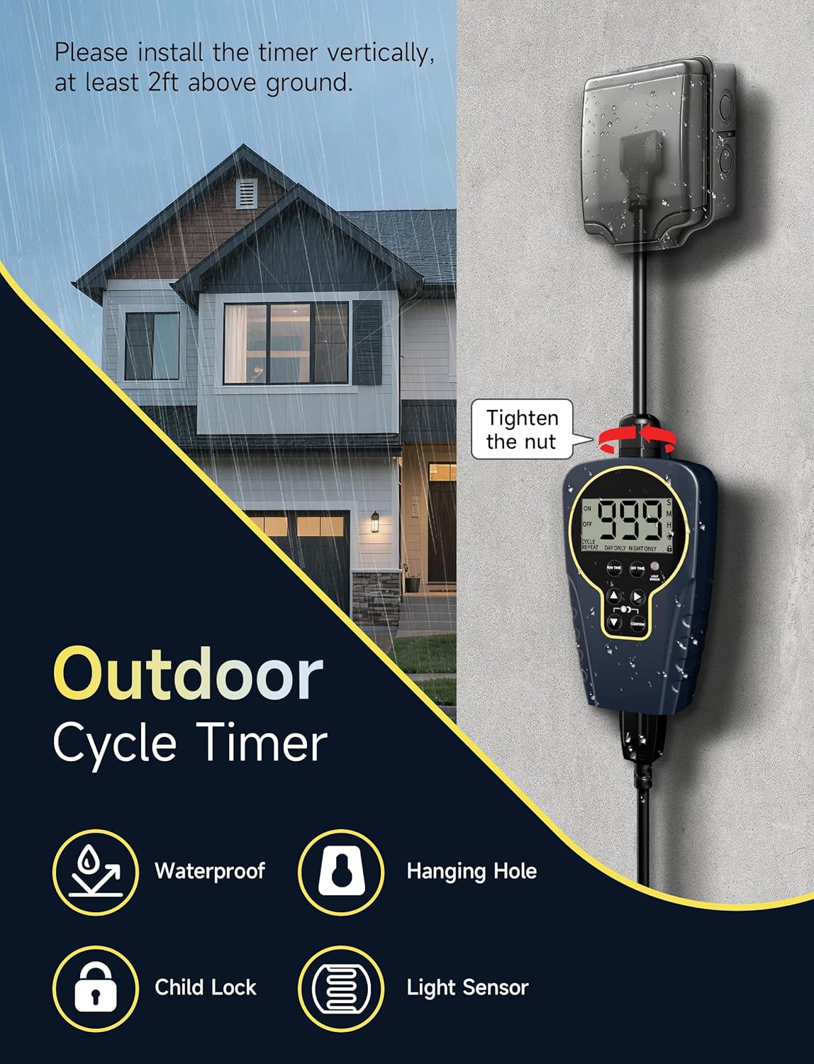 Techbee 1 s to 999 h Short/Long On-Off Interval Repeat Cycle Timer Plug Outlet with Countdown and Light Sensor, Waterproof for Outdoor (15A 1HP)