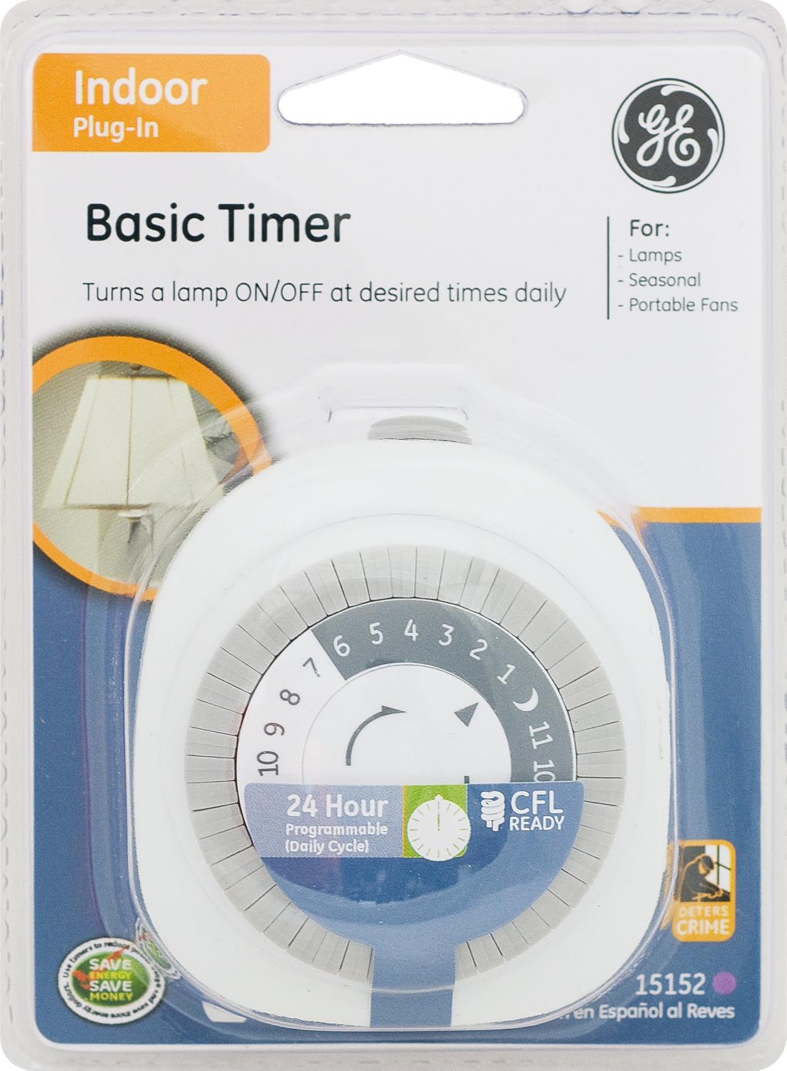 GE 24-Hour Basic Indoor Mechanical Timer, 1 Polarized Outlet Timer, Programmable Daily Cycle, 30-Minute Interval Timer Outlet, Two-Prong Light Timer, Plug Timer, Lamp Timer, White, 1 Pack, 15152